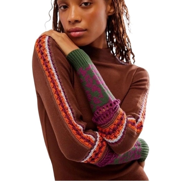 Free People Switch It Up Cuff Knit Boho Thermal Top Cocoa Brown Size Small - Picture 2 of 10